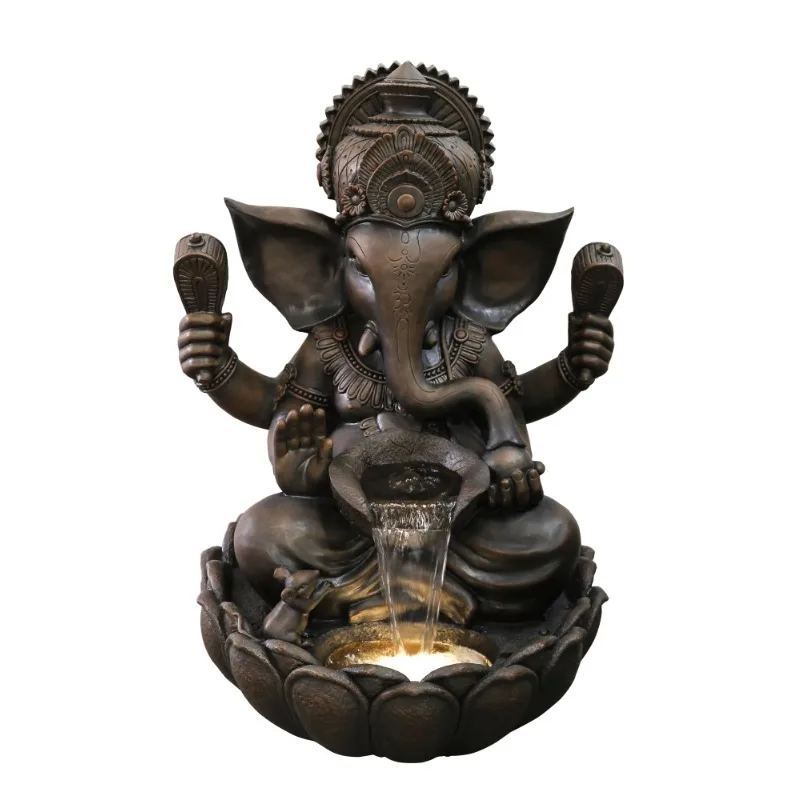

35.25" Matte Bronze Ganesha Sculptural Fountain with White LEDs