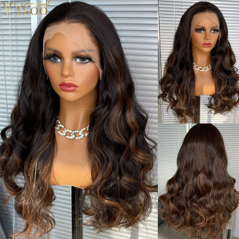 YYsoo Long Wavy Highlights 13x4 Futura Synthetic Hair Glueless Lace Front Wigs For Black Women Pre Plucked Hairline Free Part