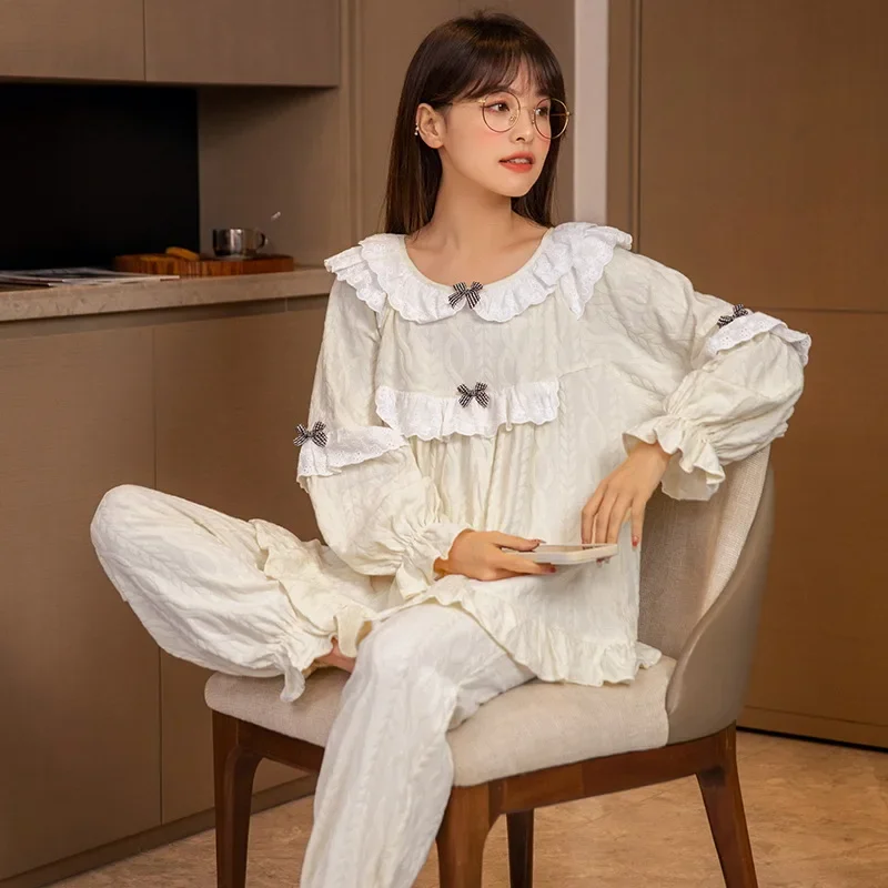 Женские милые брюки с рюшами и длинными рукавами пижамный комплект в корейском