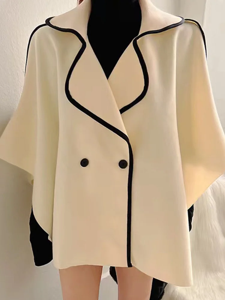 

Elegant Women Cloak Woolen Coat Korean 2023 Winter Autumn Outerwear Hemming Turndown Collar Loose Top Female Wool Overcoat M158