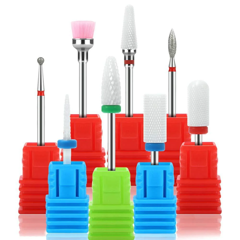 8pcs Ceramic Nail Drill Bits Set 3/32 inch Diamond Carbide Nail Drill Bit for Remove Acrylic Gel Nails Cuticle Manicure Pedicure