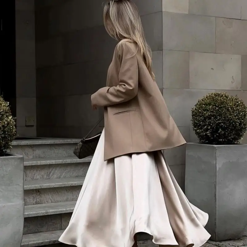 Autumn Winter 2023 Loose Blazers for Women Khaki Blazer for Casual Commuting One Button V-Neck Double Pocket Suit