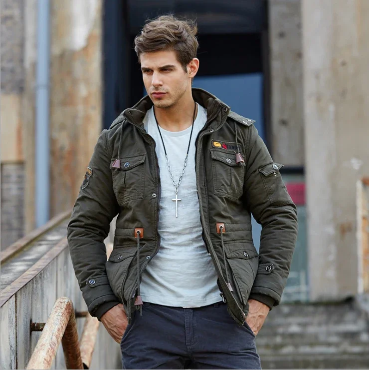 Мужская теплая куртка Бомбер с капюшоном повседневная хлопковая в стиле