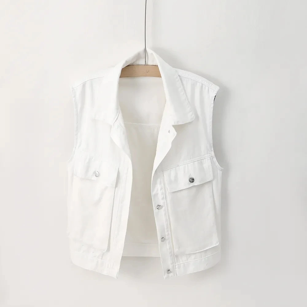 

Plus Size 5XL White Denim Vest Women's Sleeveless Jacket Female Jeans Vests 2023 New Ladies Single-breasted Pocke Waistcoat