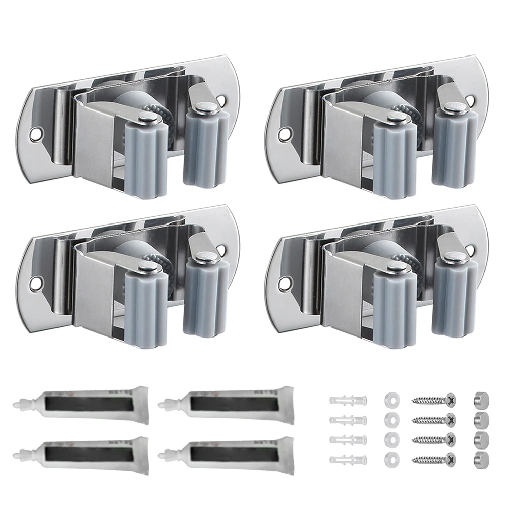 

4pcs Heavy Duty Self Adhesive With Screws Stainless Steel Garage Mop Holder Garden Wall Mounted Home Bathroom Broom Organizer
