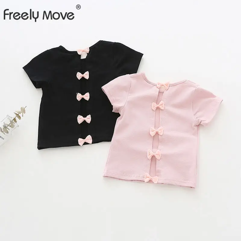 

Freely Move Girls T-Shirts Summer Girl Princess Blouse Kids Girl Bowknot Striped Solid O-neck Shirt Cotton Short Sleeve Tee