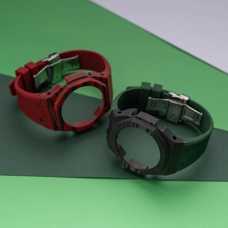 For Casioak GA2100 Carbon Fiber Mod Kit Metal Luxury Wristband Modified Watch Strap Case+Rubber Strap GA2110 GAB2100