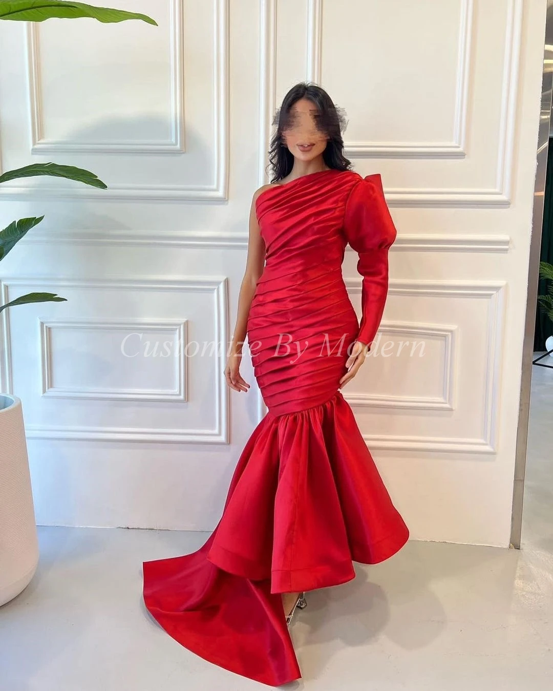 

Mermaid Red Satin Long Sleeve Prom Dresses One Shoulder Pleated Ankle Length Saudi Arabia Women Evening Party Dress