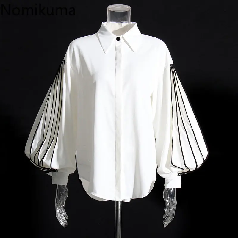 

Nomikuma Blusas Mujer De Moda 2022 Spring Autumn Lantern Sleeve Pleated Loose Blusa Feminina Vintage Elegant Camisas De Mujer