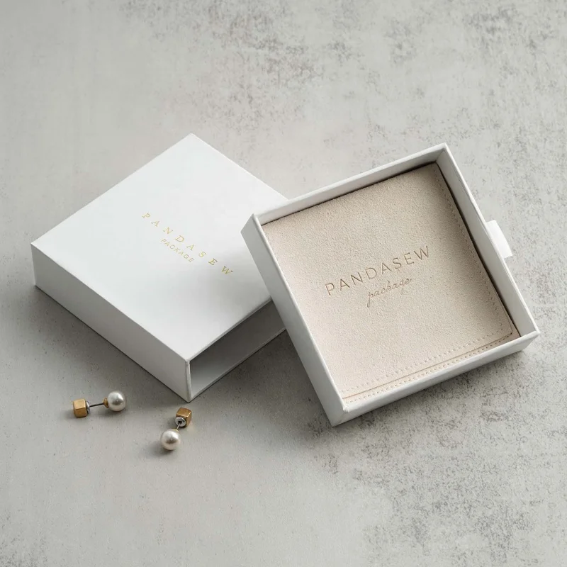 

PandaSew Luxury Custom Logo White Paper Jewelry Packaging Box for Bracelet Pendant Gift with Microfiber Jewelry Pouch