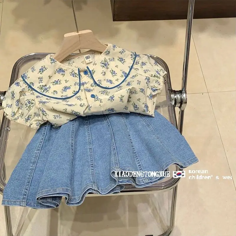 

Children's Clothes Baby's Girl's Set Fragmented Blouse Shirt+Denim Pleated Skirt Two Piece Set 2023 Summer