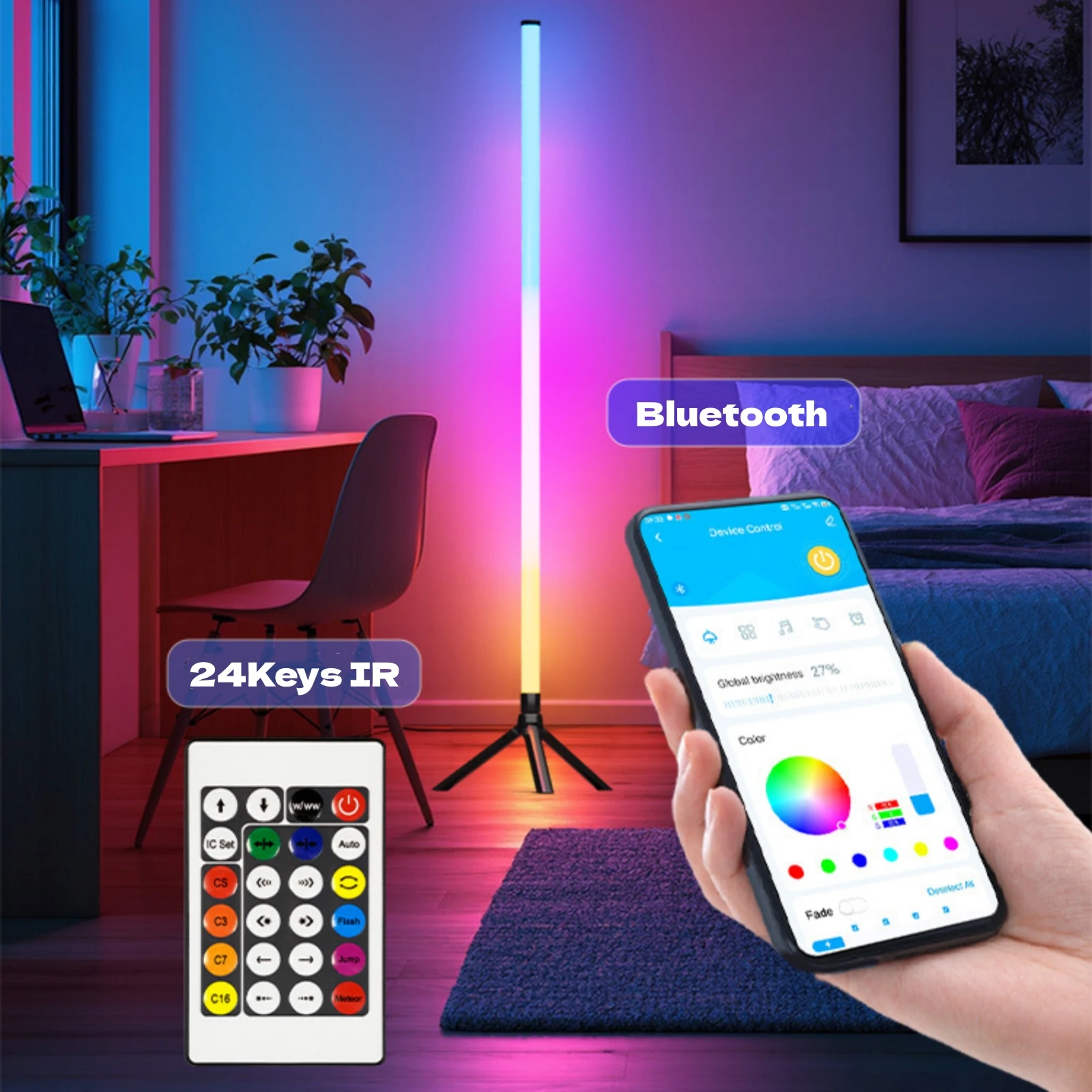 360 °   Торшер с регулируемой яркостью, 103 см, RGB USB-подсветка для игр, гостиной, спальни, угловой светильник с приложением Bluetooth и пультом дистанционного управления (art.: 3920d455dddd1) - 3920d455dddd1