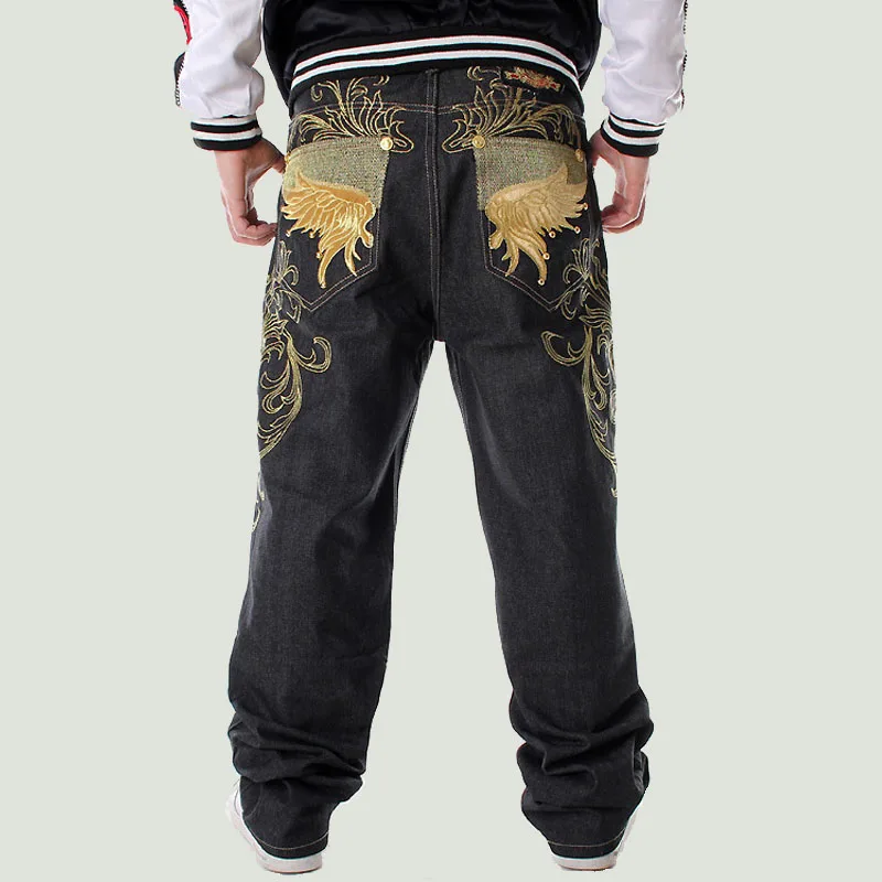 

Jeans Mens Fashion Casual Loose Embroidery Trouses Hip Hop Skateboard Denim Pants For Men Black Plus Size 30-46