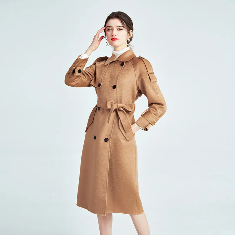 

Windbreaker OL Water Ripple Double-sided Cashmere Blends Women Commuting Autumn Winter Loose Thin Black Women's Wool Coat