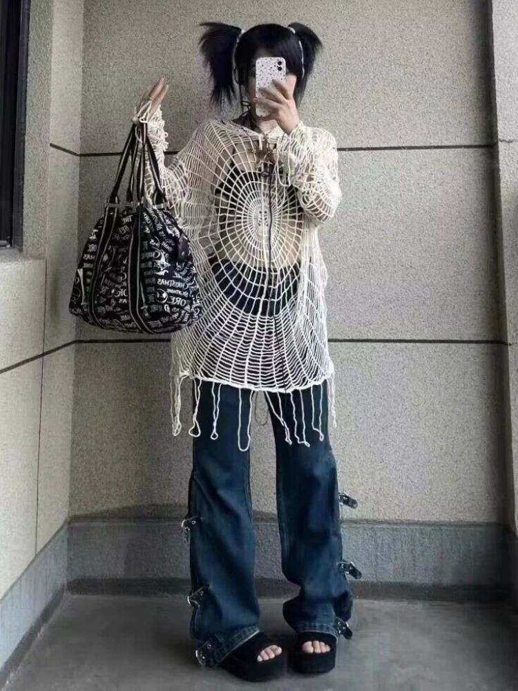 

Женские пуловеры с вырезами, тонкие летние пикантные пуловеры с капюшоном и мешковатой кисточкой в стиле High Street Y2k, готическая одежда, однотонная корейская модная Ретро одежда для E-girl
