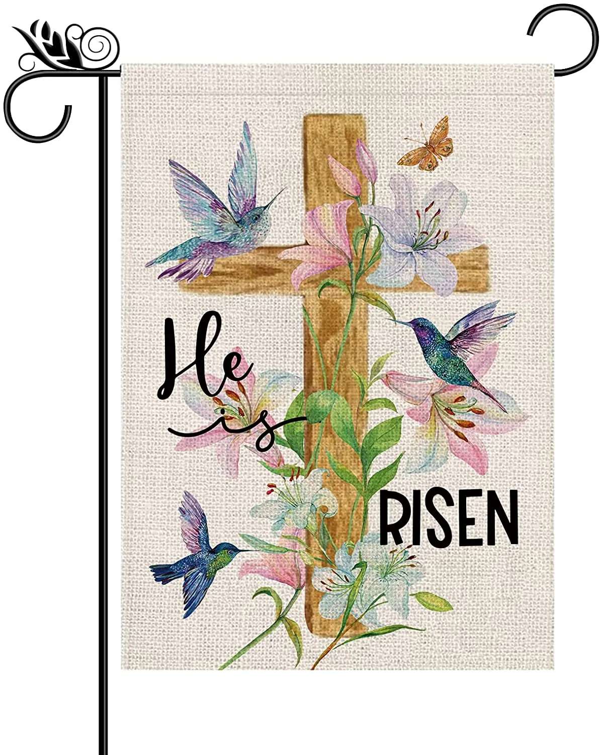 

Easter Garden Flag Religious Cross Christian He is Risen Flower 12 x 18 Inch Burlap Double Sided Vertical Holiday Seasonal