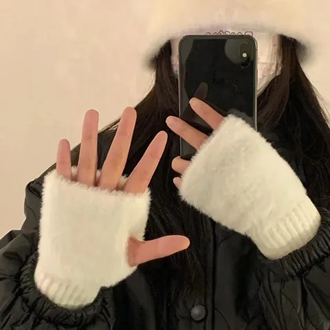 Женские Норковые Флисовые Перчатки С Половиной Пальца, Мягкие Зимние Теплые Роскошные Однотонные Вязаные Перчатки Без Пальцев