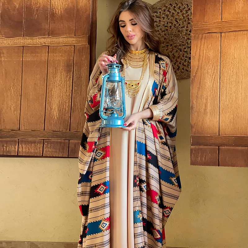 Batwing Stripe Abaya Set Eid For Women 2022 2 Piece Matching Open Muslim Plus Size Abaya Dubai Moroccan Caftan Jalabiya Dresses