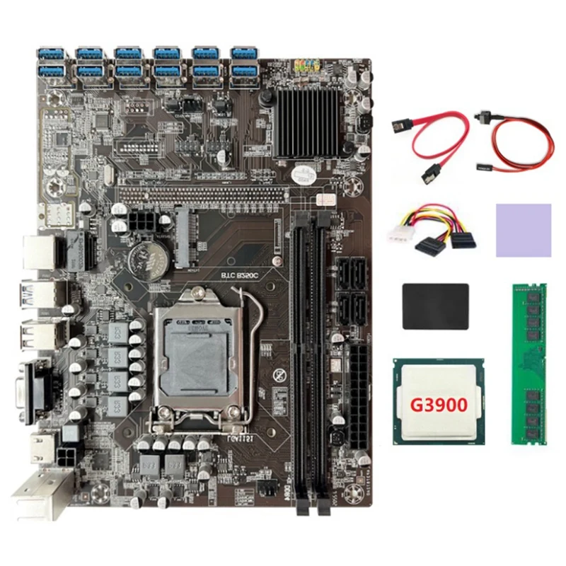 B250C BTC Motherboard 12 PCIE To USB3.0 LGA1151 DDR4 4GB 2666Mhz RAM+G3900 CPU+4PIN To SATA Cable+SSD 128G ETH Miner