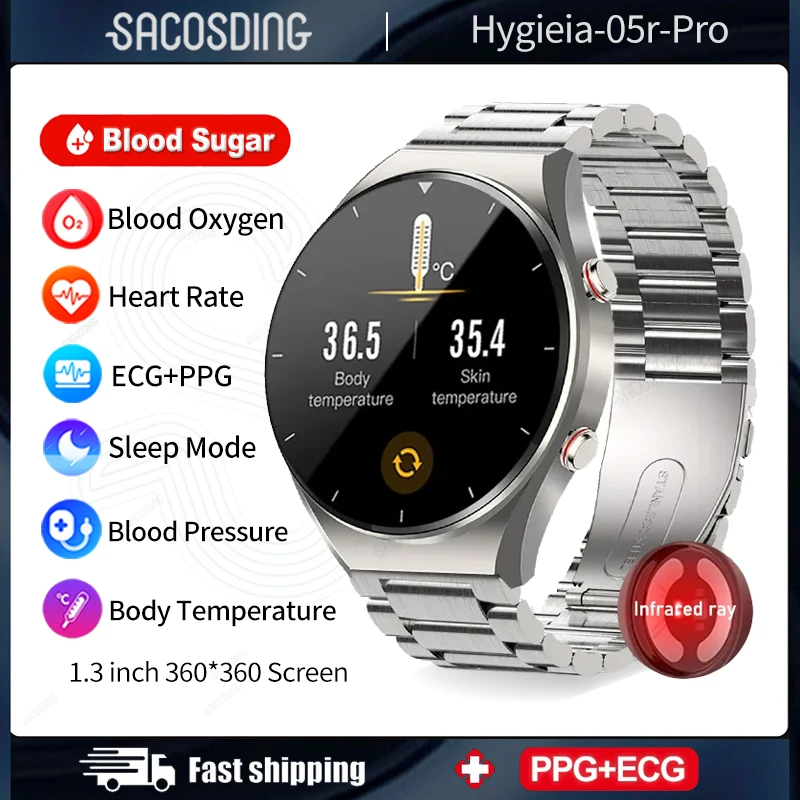 

2023 New Blood Glucose High-end Smart Watch Men AMOLED 1.3 inch HD ECG Blood Pressure Monitoring Waterproof Healthy Smartwatch