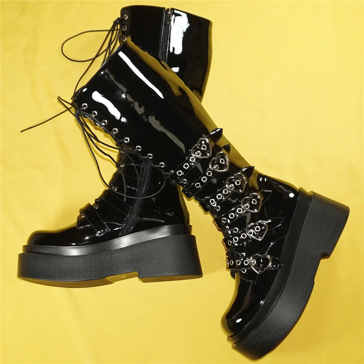 Platform Pumps Shoe Women Lace Up Patent Leather Wedges High Heel Knee High Boots Female Round Toe Fashion Sneakers Casual Shoes