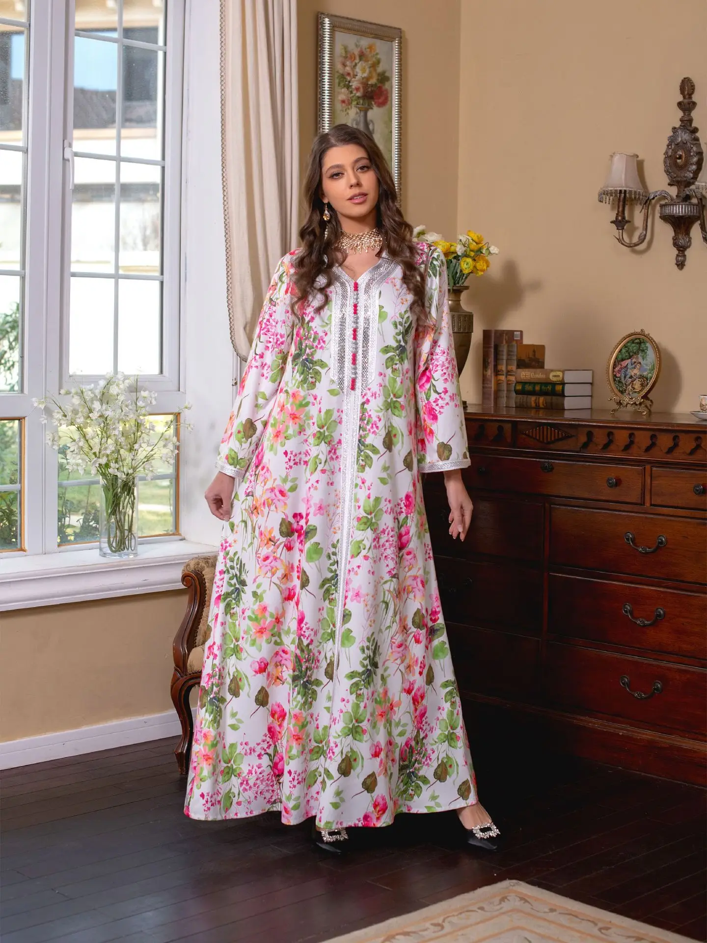 Dubai Muslim Fashion Gown Print Hot Diamond Dress Middle East Abaya Islamic Clothing Hijab V-neck Women Ropa Musulmana Mujer
