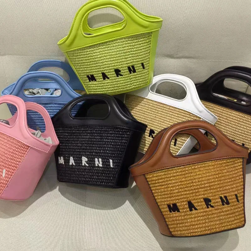 

2023 New Fashion Marni Straw Woven Handbag Women Vintage Handmade Shoulder Bag Casual Travel Tote Y2k Shopping Crossbody Bag