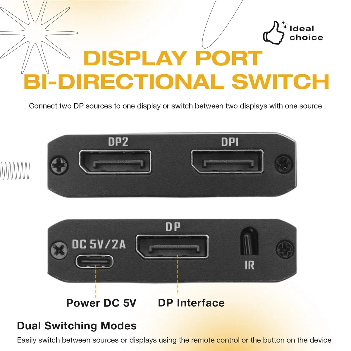 Фото (DT93) Переключатель DisplayPort 8K 2 входа/1 выход или 1 вход/2 выхода, поддерживает 8K30Hz 4K120Hz для ПК, мониторов, ноутбуков и т.д. №5