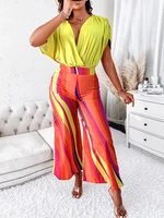 spring summer women casual two piece suit sets v neck oversize batwing sleeve wrap bodysuits allover print wide leg pants set