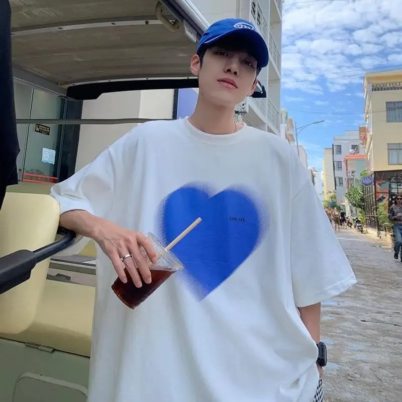 

Korean Fashion Oversized t-shirt Love printed cotton short sleeve T-shirt summer ins loose round neck shirt Couples T-shirts