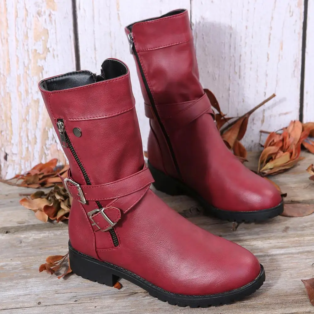 Женские ботинки до середины икры в готическом стиле с пряжкой женские кожаные на