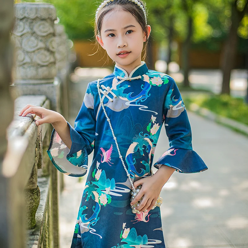 2024 г. Голубое платье Ципао для девочек воротник-стойка три четверти