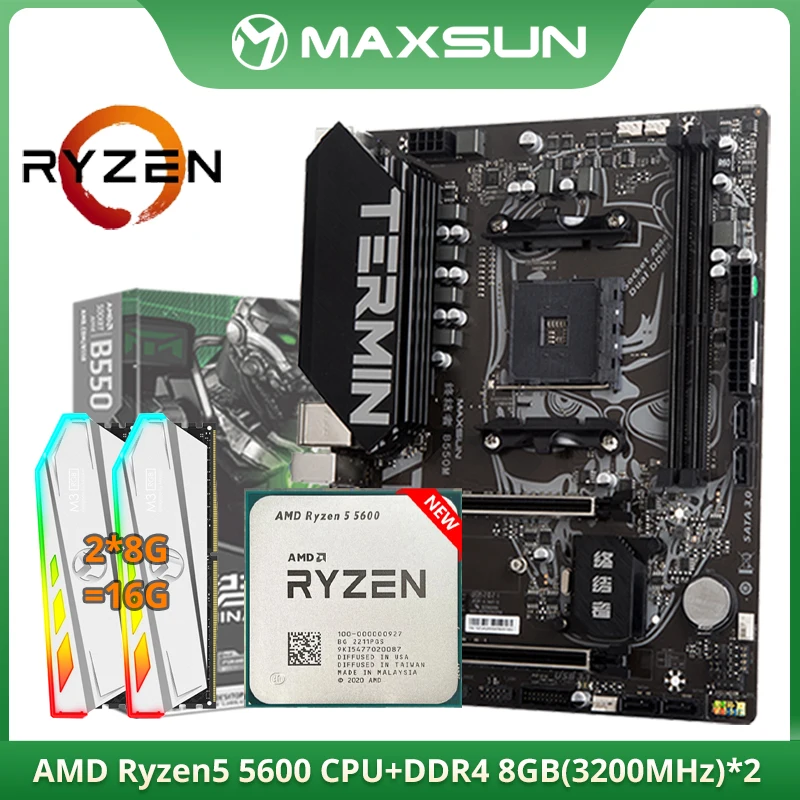 MAXSUN Original AMD B550M with Ryzen 5 5600 CPU Motherboard Set & Dual-channel DDR4 RGB RAM 8GBx2 3200MHz M.2 For Computador