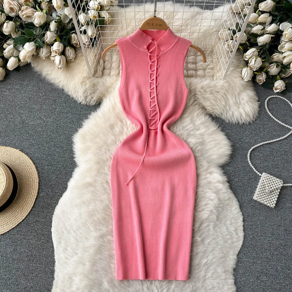 

Summer New Knit Crossed Draw String Hollow Out Sleeveless Midi Dress Women Waist Thin Sheath Bodycon Long Dresses