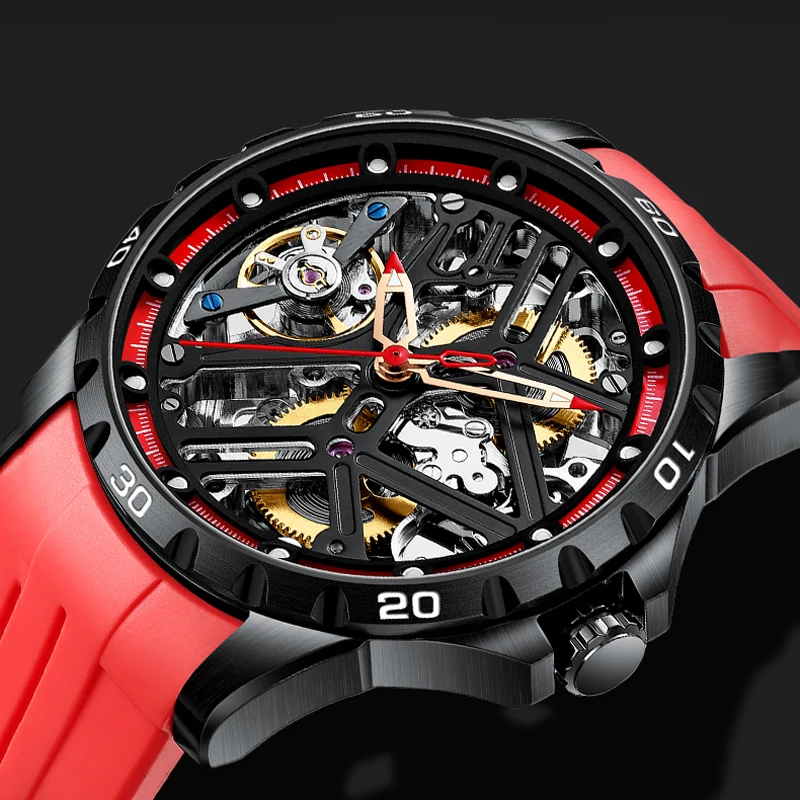 AILANG Men Watches Top Brand Luxury Hollow Automatic Mechanical Sport Watch For Men Black Steel Case Red Silicone Strap 2023
