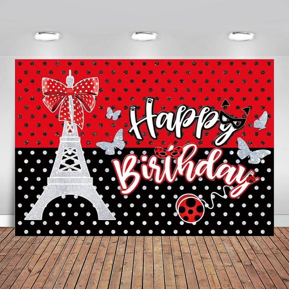 Ladybug Birthday Backdrop Red and Black Glitter Party Decorations Photoshoot Baby Girls Kids Bday Banner Eiffel Tower Bow Decor