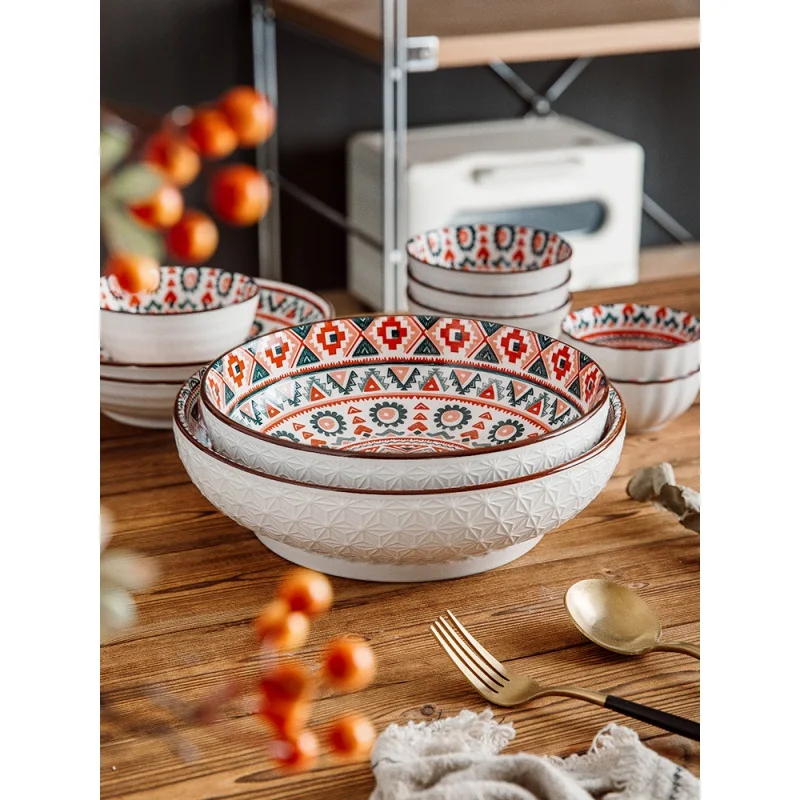 

European-Style Ceramic Tableware Bohemian Rice Bowl Breakfast Bowl Big Soup Bowl Household Plate Plate Rectangular Baking Tray