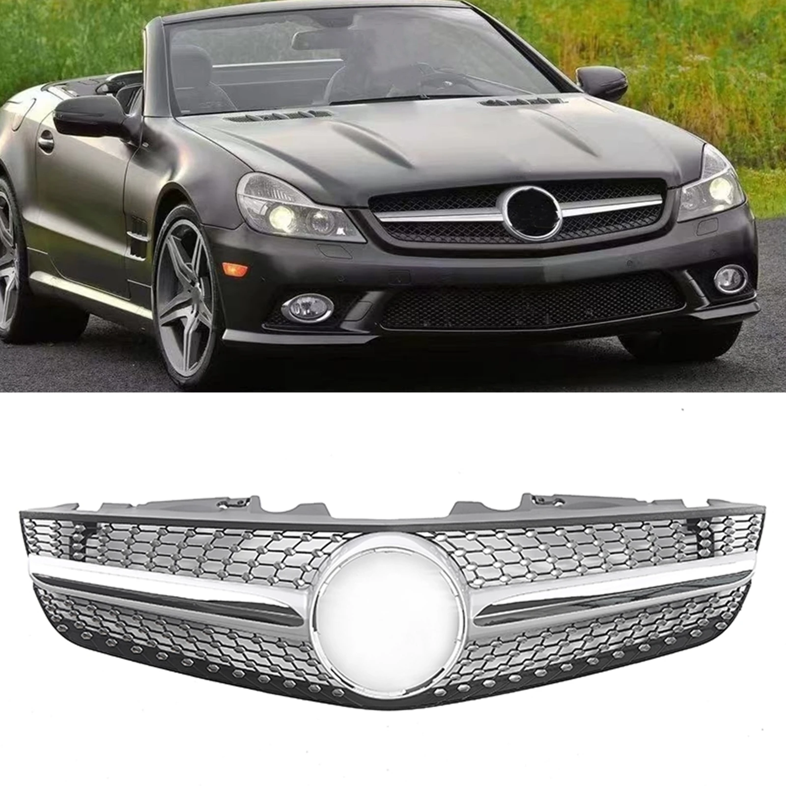 

Передняя решетка радиатора для Mercedes-Benz R230 SL-Class 2009-2012 SL500 SL550 SL600, Алмазный Стиль, серебристый/черный верхний бампер