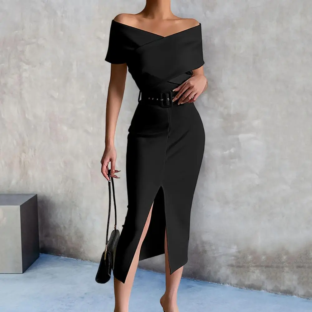 

Женское однотонное платье с коротким рукавом, поясом и запахом на бедрах, элегантное облегающее платье с открытыми плечами и разрезом спереди, вечернее платье с лямкой на шее и блестками