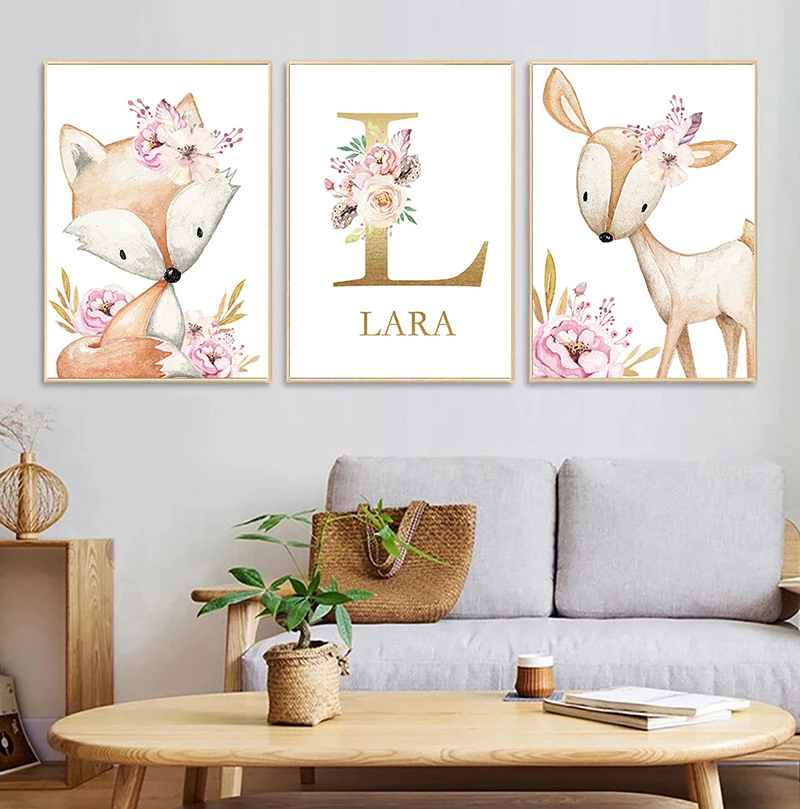 

Настенная картина для детской комнаты с изображением лесных животных, настенный постер с розовыми цветами в скандинавском стиле, декор для ...