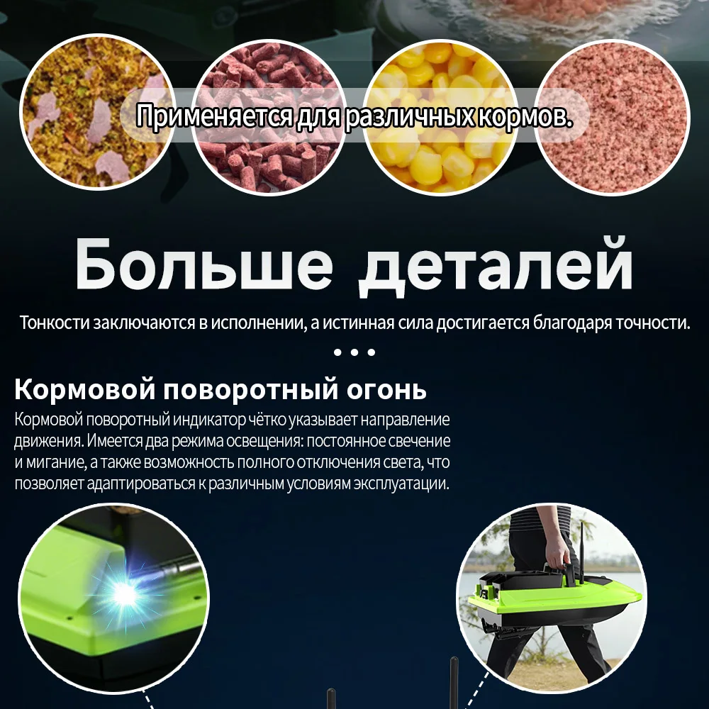 Фото Радиоуправляемая прикормочная лодка для рыбалки с эхолотом, 53 см, 15 км/ч, 500 м, два бункера, нагрузка 3 кг, автоматическая коррекция курса, круиз-контроль №3