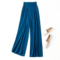 natural silk 2022 new korean women bottoms pants wide leg pants full length high waist streetwear women blue fashion