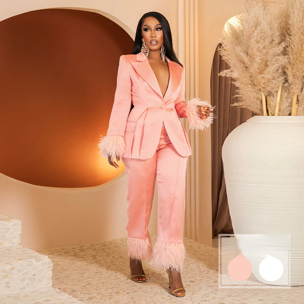 

Женский офисный костюм из двух предметов: Топ с длинным рукавом и отложным воротником + длинные широкие брюки