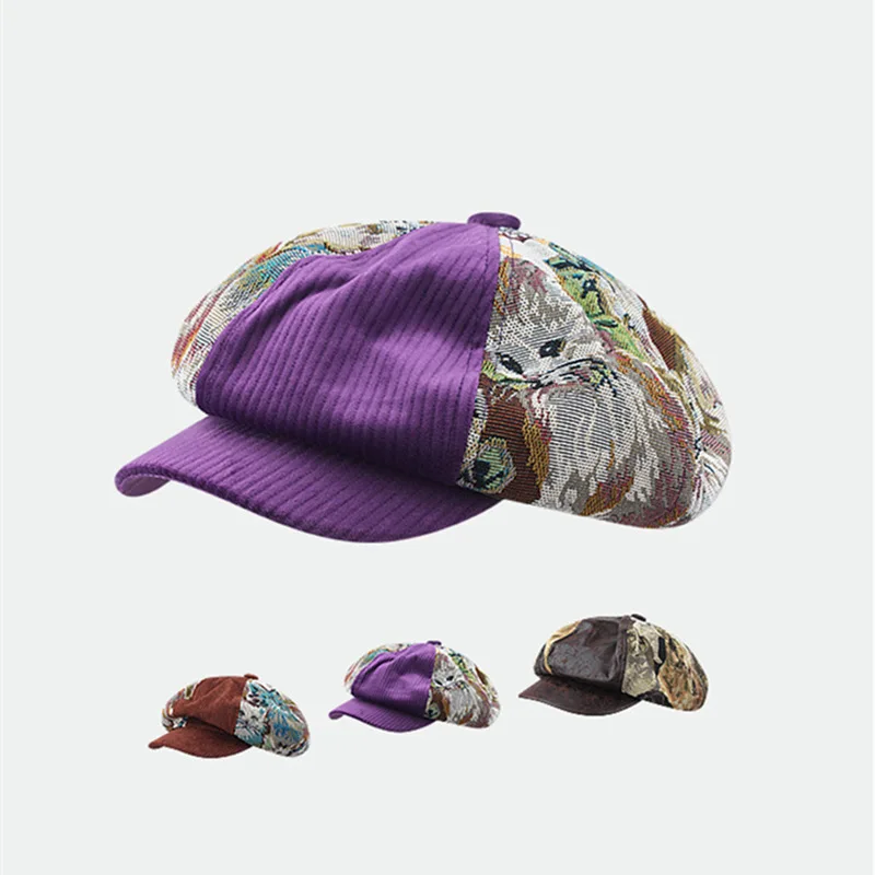 

Artistic Retro Splicing Short-brimmed Berets Cute Puppy Pattern Autumn and Winter Street Show Face Small Newsboy Hats Women