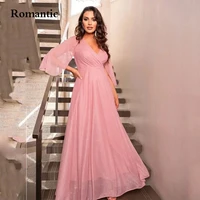 romantic a line pinkred chiffon simple prom dresses v neck floor length full sleeve formal mother of the bride dress plus size