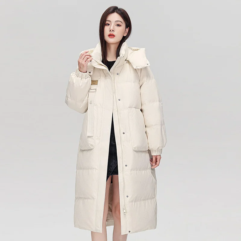 damska biała kurtka puchowa długa kołnierz z kapturem luźna ciepła gruba moda nowość zima 2024