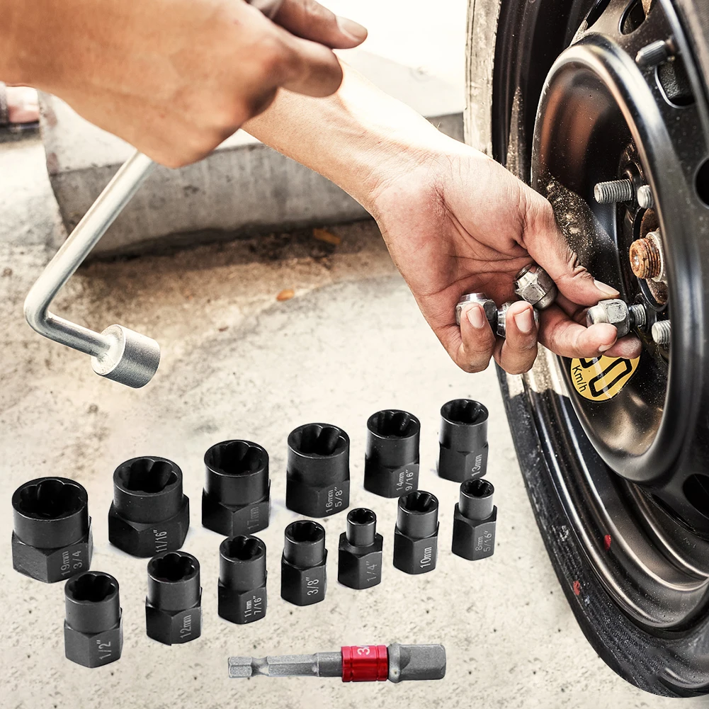 

14pcs/Set Screw Extractor Tool High Hardness 3/8 Opening Screw Cap Remover Set Wear-resistant Effort Saving for Automobile Wheel