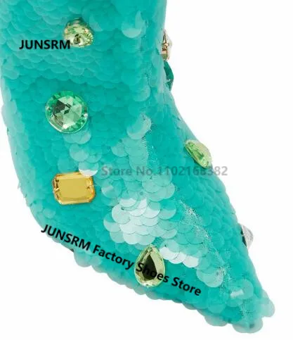 2022 Winter Green Scales Knee High Boot Pointed Toe Bling Rhinestone Diamonds Women Sexy Run Way Thin High Heel Party Long Botas