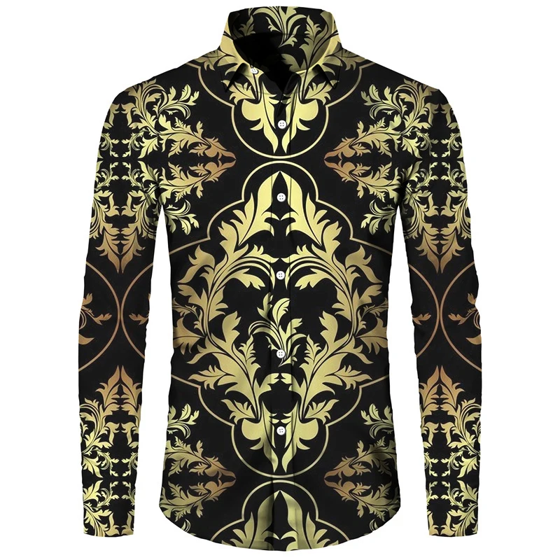 

2023Fashion Golden Flower 3D Print Men's Buttoned Shirts Baroque Style Turn-down Collar Long Sleeve Tops Casual Social Party