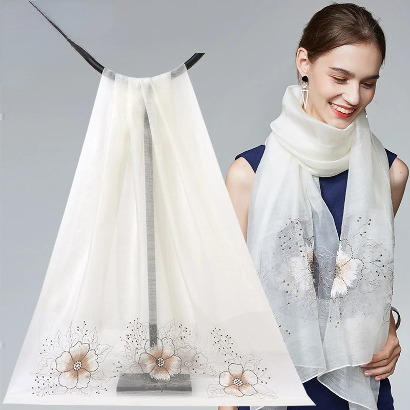 

2022 Silk and Wool Silk Scarf, Silk Hand-embroidered Flower Scarf, Wool Scarf Blended Lady's Shawl